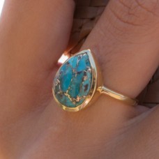 Copper turquoise pear silver gold plated ring